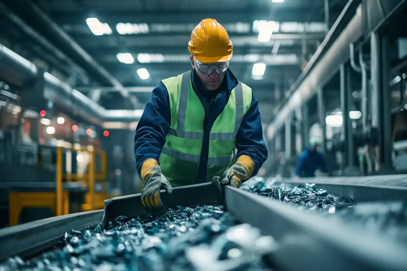 Un travailleur portant un casque et un gilet fluorescent trie des matériaux sur une chaîne de recyclage industrielle, sous un éclairage tamisé.