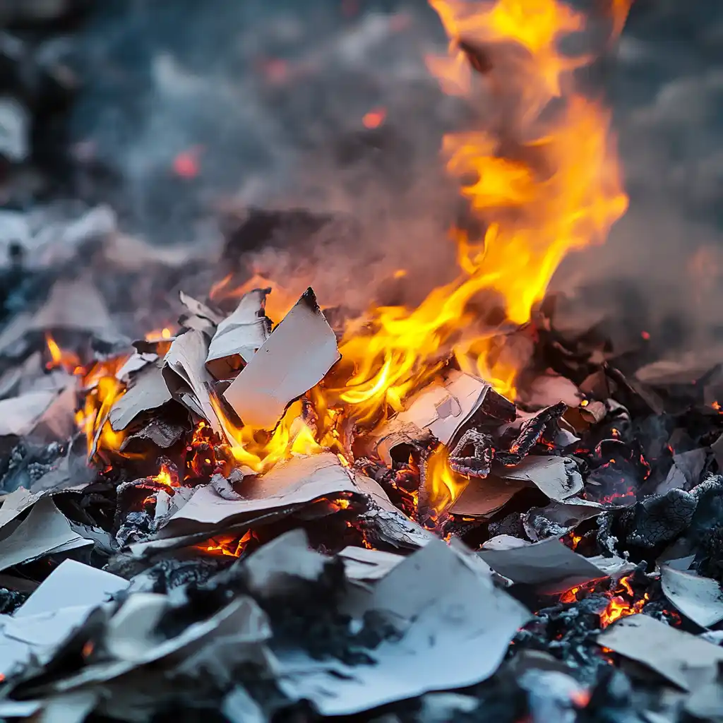 Gros plan sur un départ d'incendie dans un tas de déchets en papier et carton. Les flammes orange et jaunes consument les feuilles, tandis que la chaleur fait noircir et se recroqueviller les bords du papier. De la fumée et des braises incandescentes sont visibles, accentuant la scène de combustion en cours.