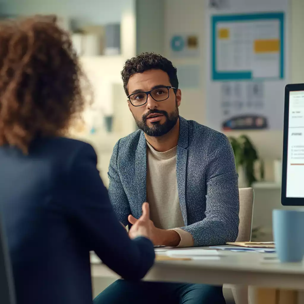 Un entretien sérieux entre un conseiller et un candidat dans un bureau moderne. Une discussion essentielle pour accompagner vers un contrat en insertion professionnelle