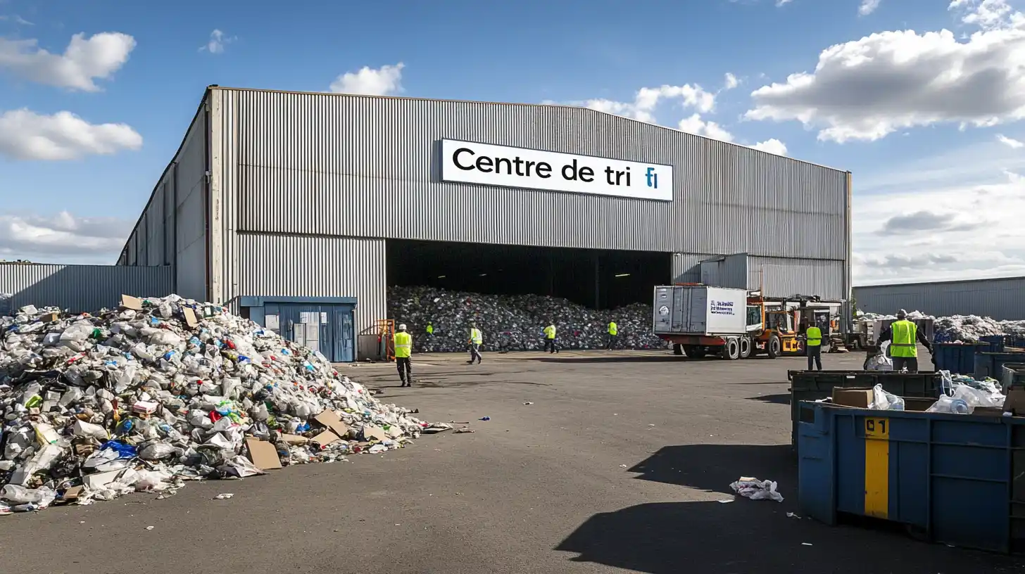 Vue d’ensemble d’un centre de tri en France avec entrepôt, camions de collecte et tas de déchets recyclables en attente de traitement