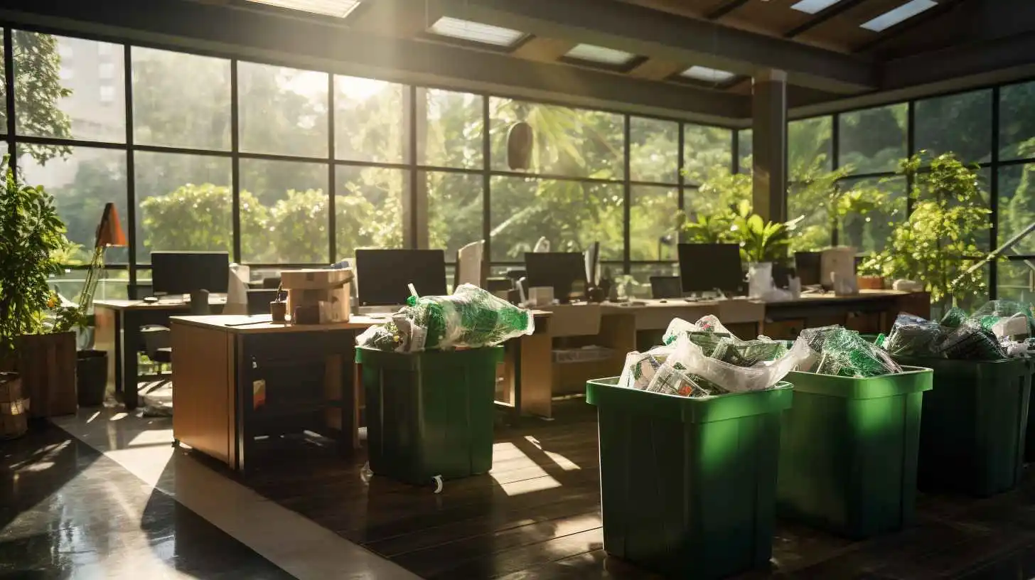 Un bureau lumineux avec de grandes baies vitrées donnant sur un espace verdoyant, où plusieurs bacs de recyclage verts remplis de déchets triés sont placés entre les bureaux. Cette scène illustre l'importance du tri des déchets en entreprise, favorisant une gestion responsable et écoresponsable des déchets produits par les employés.