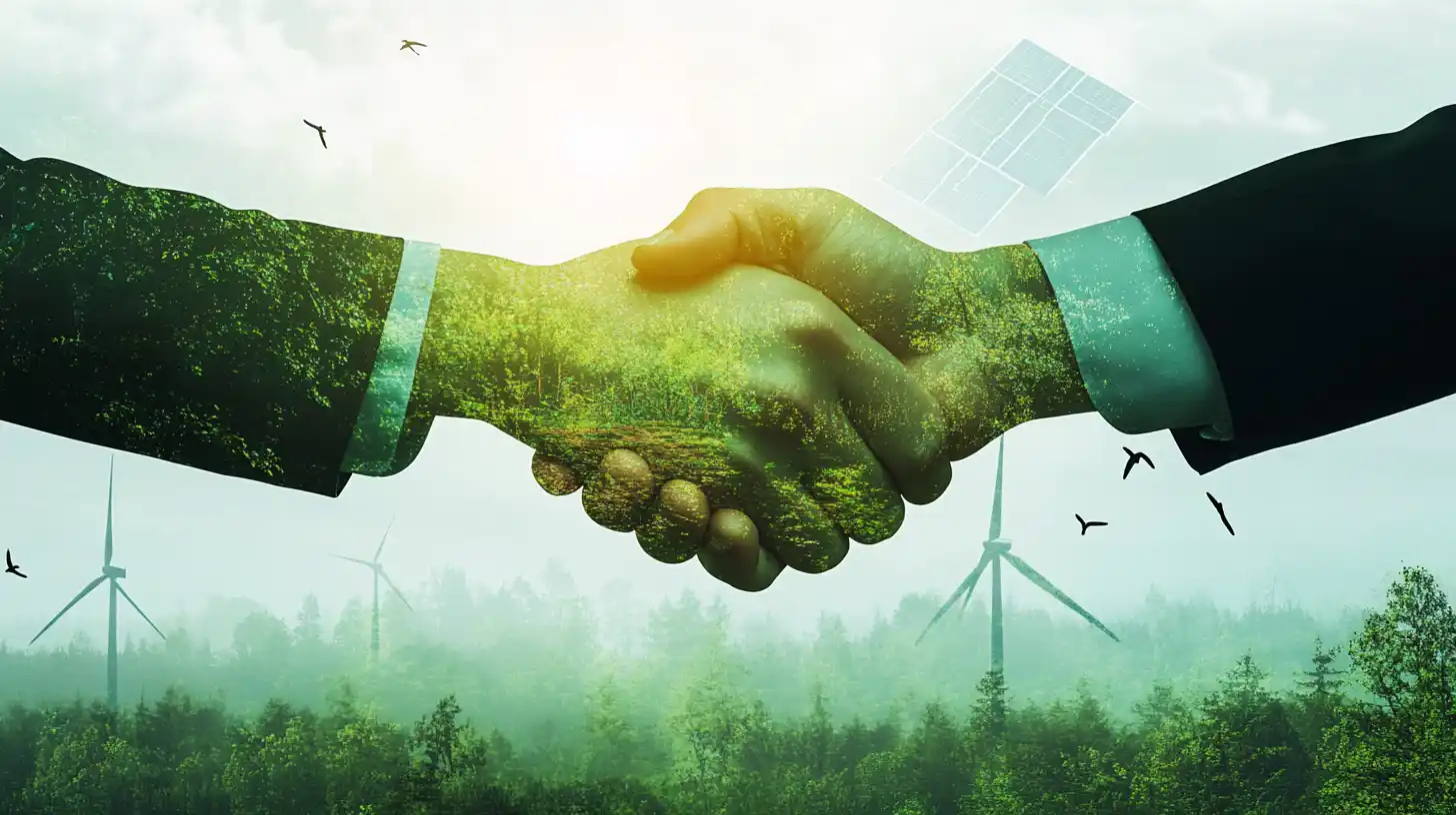 Une poignée de main entre deux personnes en costume, intégrée dans une double exposition avec un paysage naturel. Le visuel symbolise un partenariat durable et écoresponsable, avec des éléments tels que des éoliennes, des arbres et des panneaux solaires en arrière-plan, représentant l'engagement en faveur des énergies renouvelables et du développement durable.