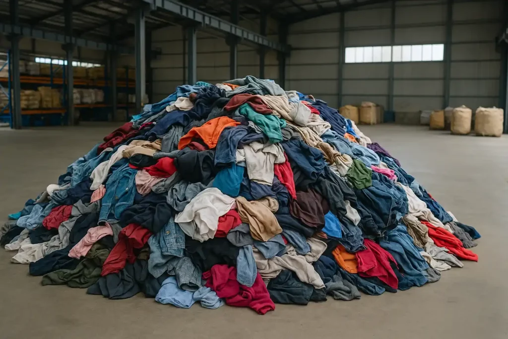 Pile de vêtements usagés dans un entrepôt de tri textile, représentant un défi pour le traitement des matériaux les plus recyclés en France.