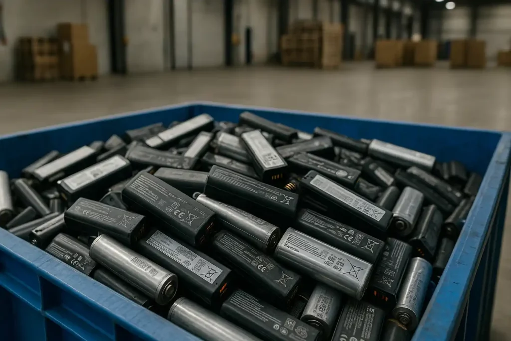 Bac de batteries lithium-ion usagées collectées pour recyclage, illustrant un enjeu croissant parmi les matériaux les plus recyclés en France.