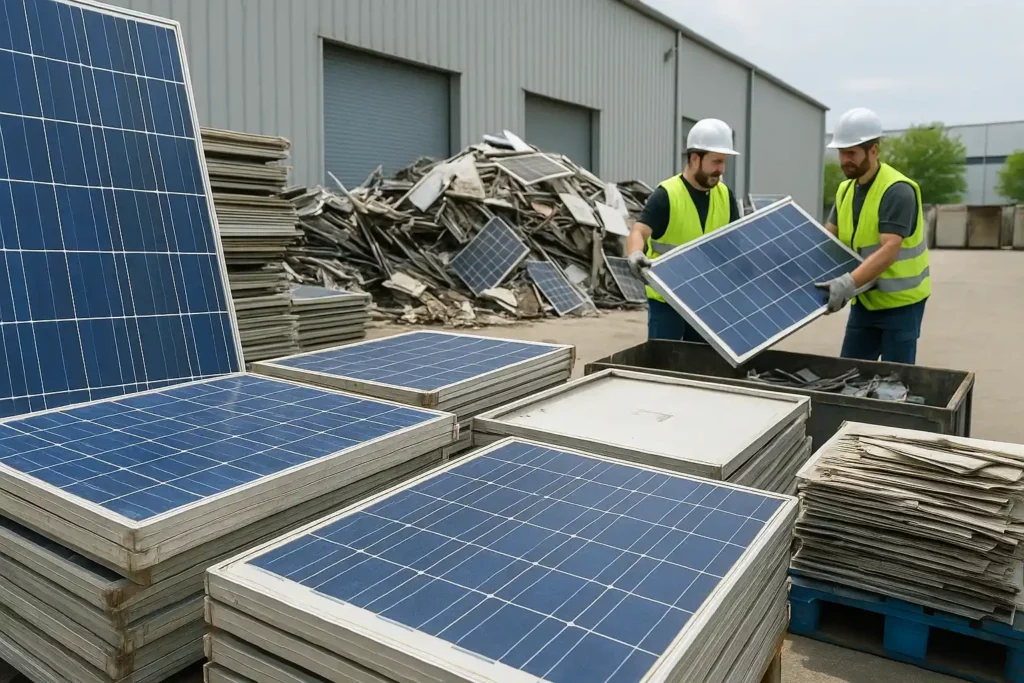 Démontage de panneaux photovoltaïques usagés pour recyclage, nouveau défi lié aux matériaux les plus recyclés en France.