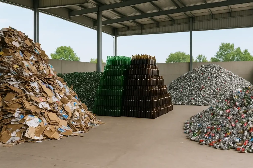 Piles de matériaux triés dans un centre de recyclage moderne illustrant les matériaux les plus recyclés en France.