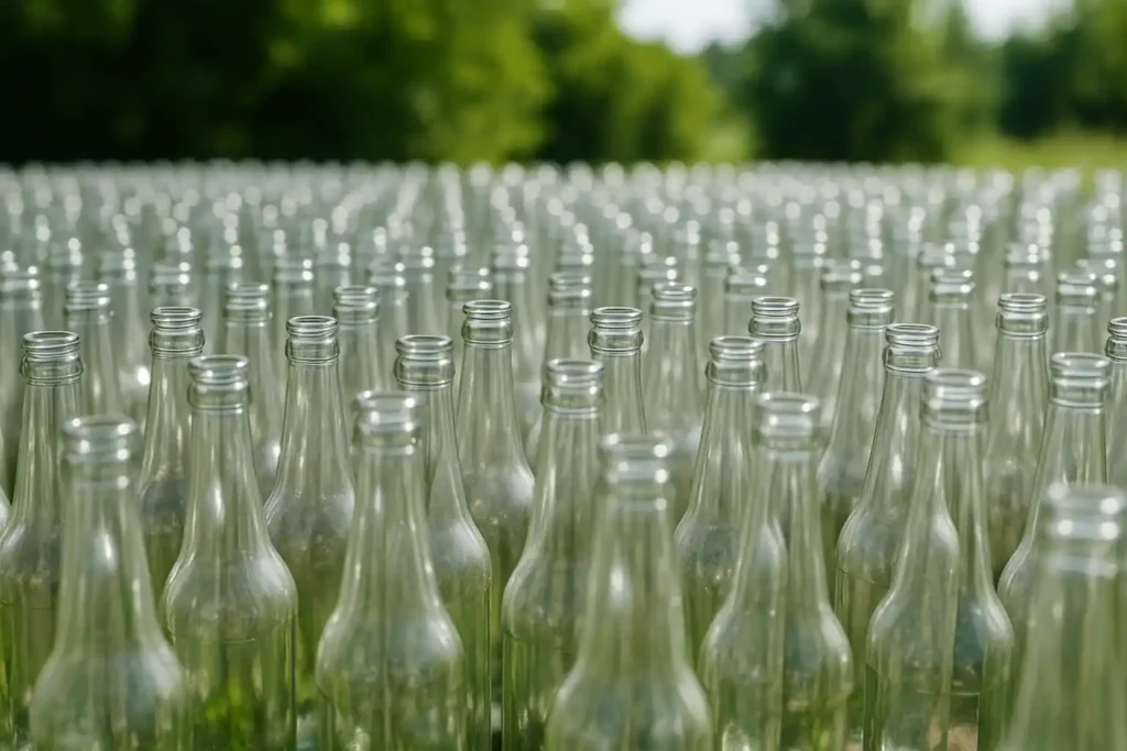 Rangs de bouteilles en verre prêtes pour le recyclage, représentant l'un des matériaux les plus recyclés en France.