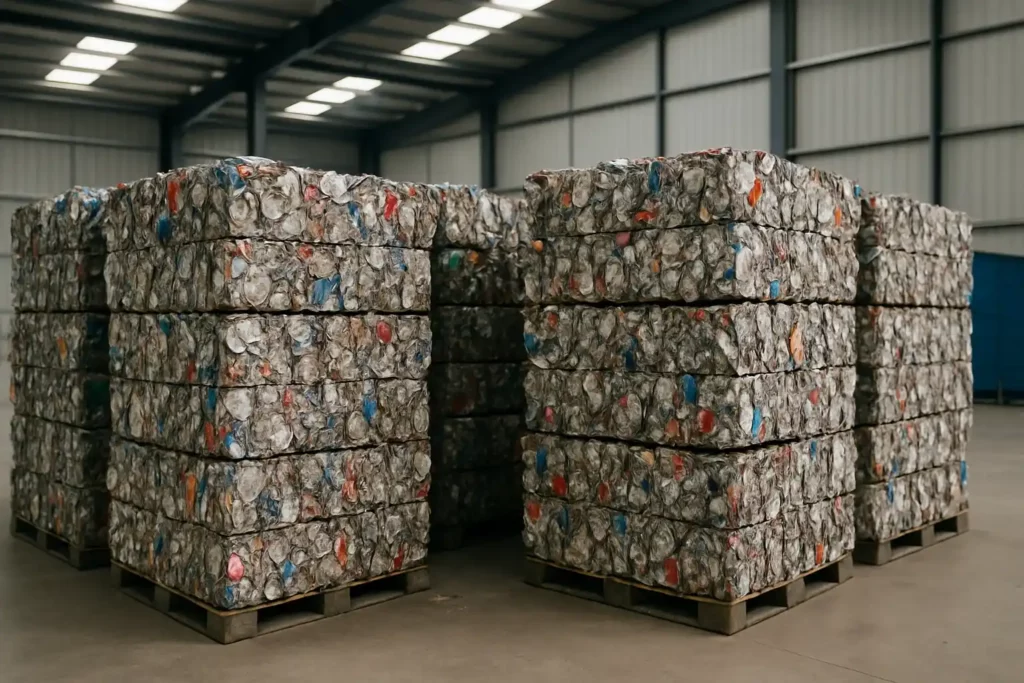 Balles d'acier compressées en entrepôt, mettant en avant les matériaux les plus recyclés en France.
