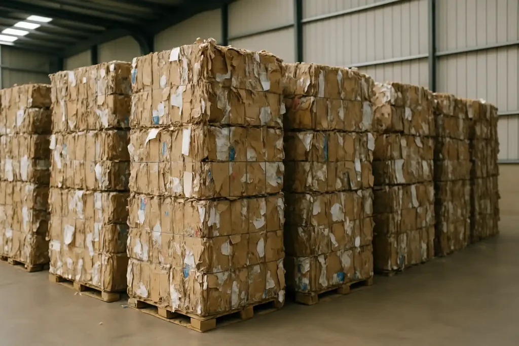 Balles de papier et de carton compactés dans un centre de tri, illustrant les matériaux les plus recyclés en France.