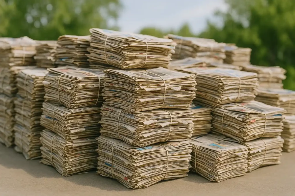 Piles de journaux recyclés en extérieur, exemple des matériaux les plus recyclés en France.