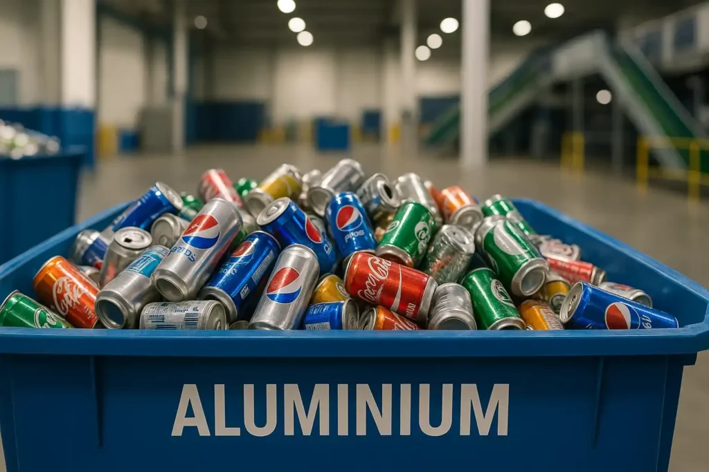 Bac de recyclage rempli de canettes d'aluminium dans un centre de tri, symbole des matériaux les plus recyclés en France.