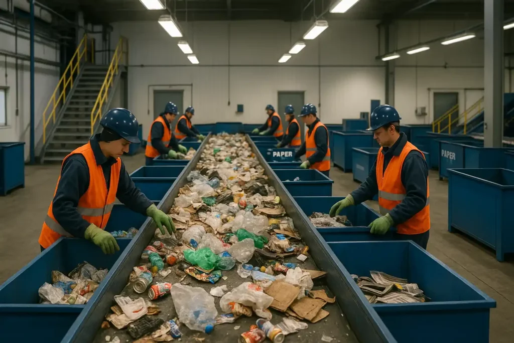 Travailleurs dans un centre de tri des déchets, contribuant au traitement des matériaux les plus recyclés en France.