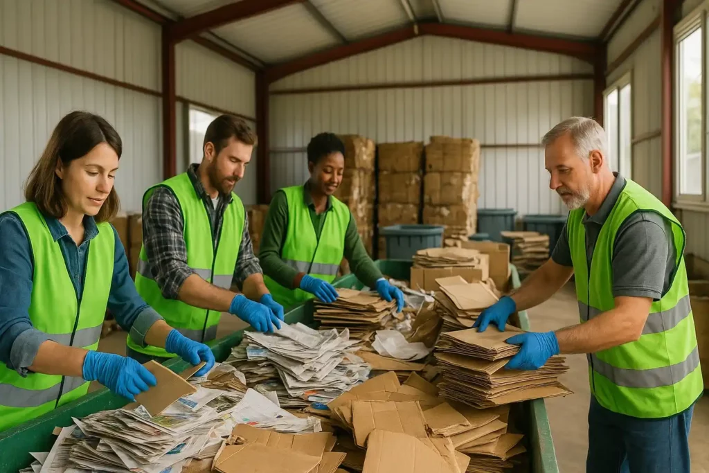 Équipe de tri triant papier et carton pour améliorer le recyclage des matériaux les plus recyclés en France.