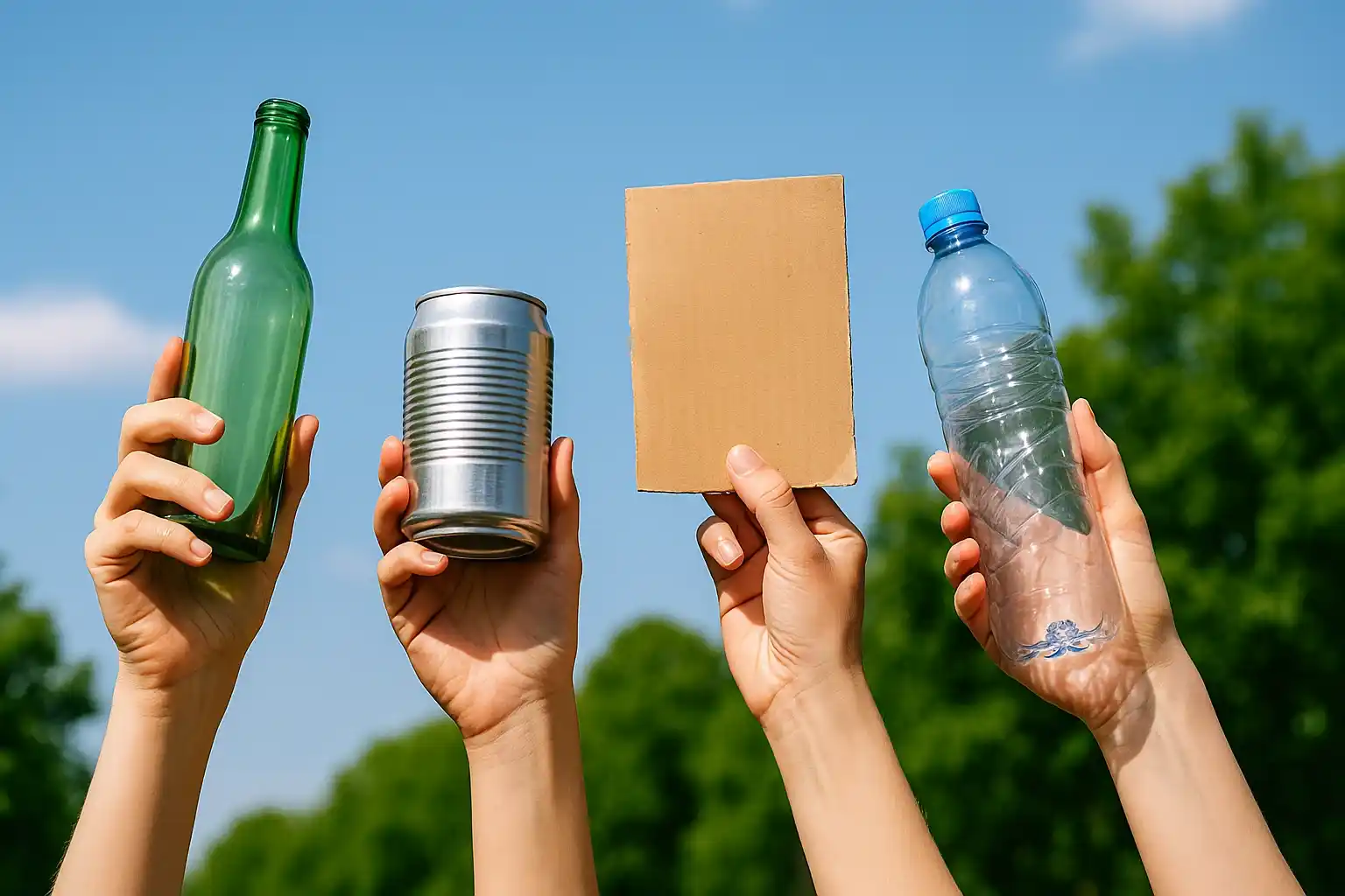Mains tenant du verre, de l'aluminium, du carton et du plastique sous un ciel bleu, représentant les matériaux les plus recyclés en France.