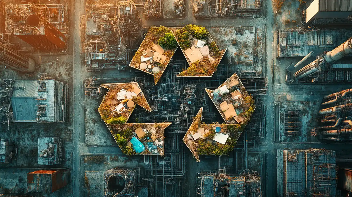 Vue aérienne symbolique de l'économie circulaire et recyclage intégrée dans un paysage industriel