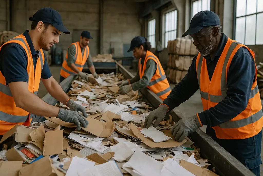 Travailleurs en insertion effectuant le tri de papiers et cartons dans un centre de recyclage, illustrant concrètement l’emploi en structure d’insertion dans le secteur environnemental.