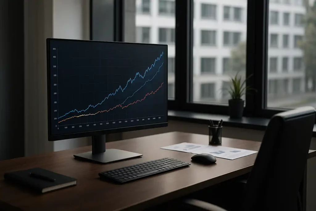 Bureau moderne avec un écran affichant des courbes de données économiques, symbolisant l’évolution du marché du travail à laquelle l’emploi en structure d’insertion répond.