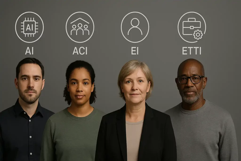 Portrait de quatre personnes représentant les différentes formes d’emploi en structure d’insertion : AI, ACI, EI et ETTI, sur fond neutre avec pictogrammes explicatifs.