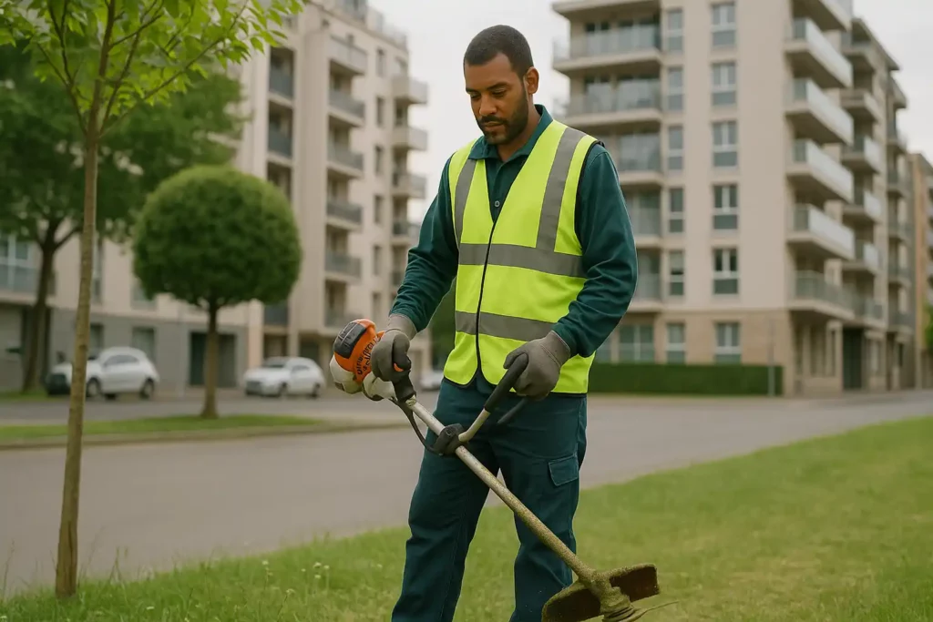 Salarié en insertion entretenant un espace vert en zone urbaine, une mission typique dans l’emploi en structure d’insertion dédiée aux besoins des collectivités.