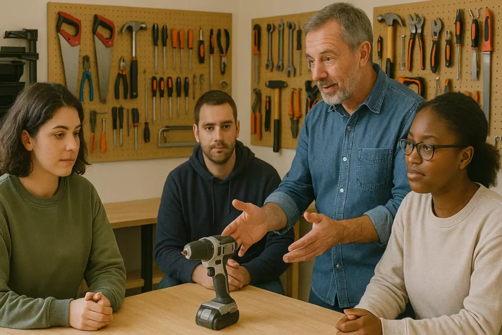 Séance de formation dans un atelier technique entre un formateur et trois personnes en parcours d’insertion, illustrant l’aspect pédagogique de l’emploi en structure d’insertion.