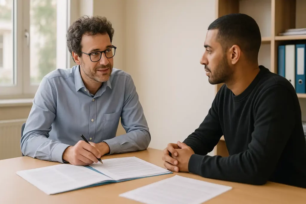 Conseiller en insertion professionnelle accompagnant un bénéficiaire dans ses démarches, un pilier essentiel de l’emploi en structure d’insertion basé sur l’accompagnement personnalisé.
