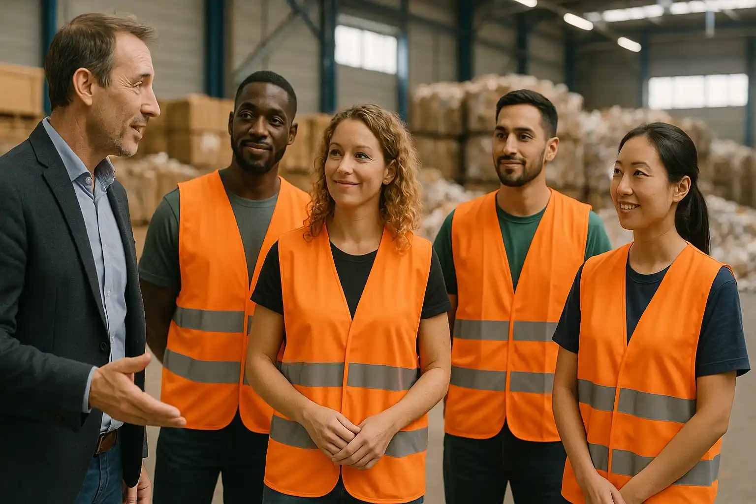 Groupe de salariés en insertion en gilet orange échangeant avec un encadrant dans un centre de tri, illustrant l’emploi en structure d’insertion dans un cadre bienveillant et professionnel.