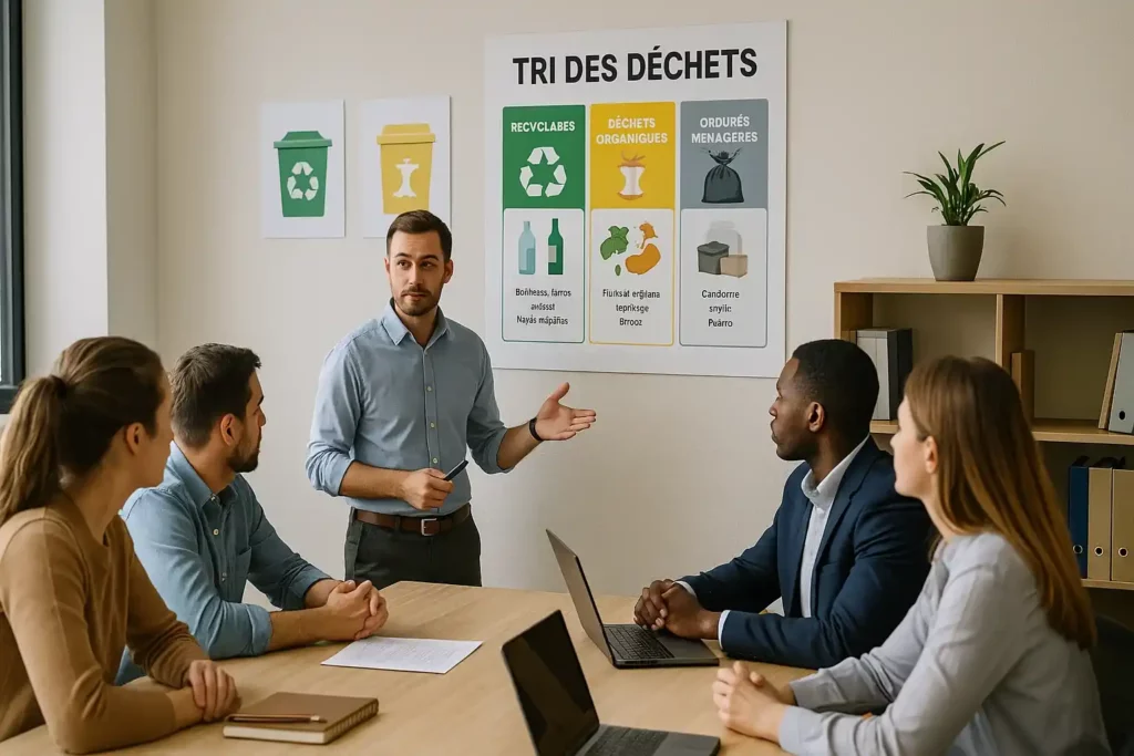 Réunion d’équipe en entreprise mettant en pratique des conseils pour sensibiliser au tri, avec un animateur présentant les consignes devant des affiches éducatives.