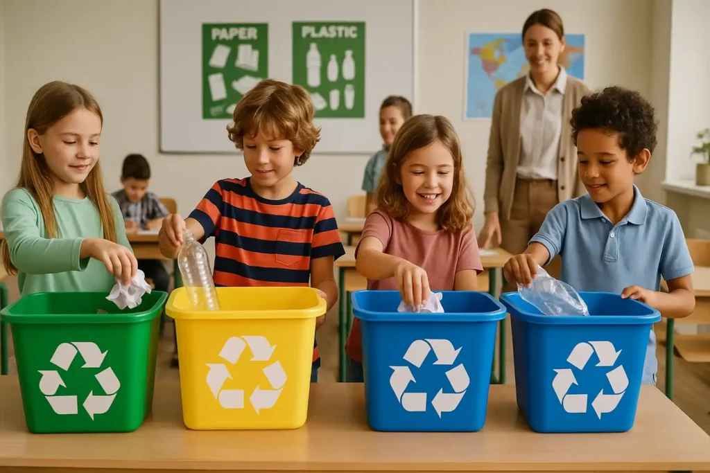 Enfants en classe appliquant des conseils pour sensibiliser au tri des déchets à travers une activité ludique avec des bacs colorés.