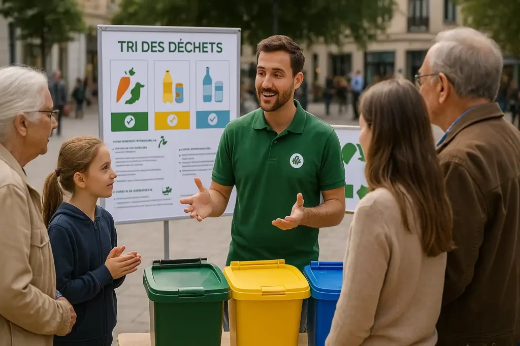 Stand de sensibilisation installé sur une place publique, illustrant des conseils pour sensibiliser au tri auprès d’habitants de tous âges.