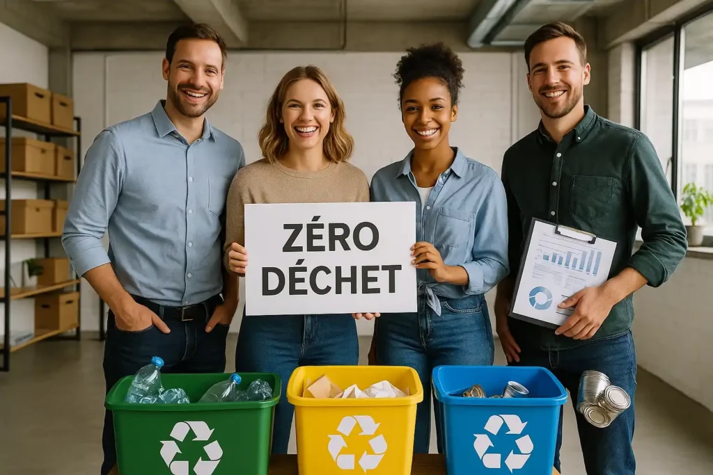 Salariés dans un local d’entreprise présentant les résultats d’une action Zéro Déchet, exemple concret de conseils pour sensibiliser au tri dans un cadre professionnel.