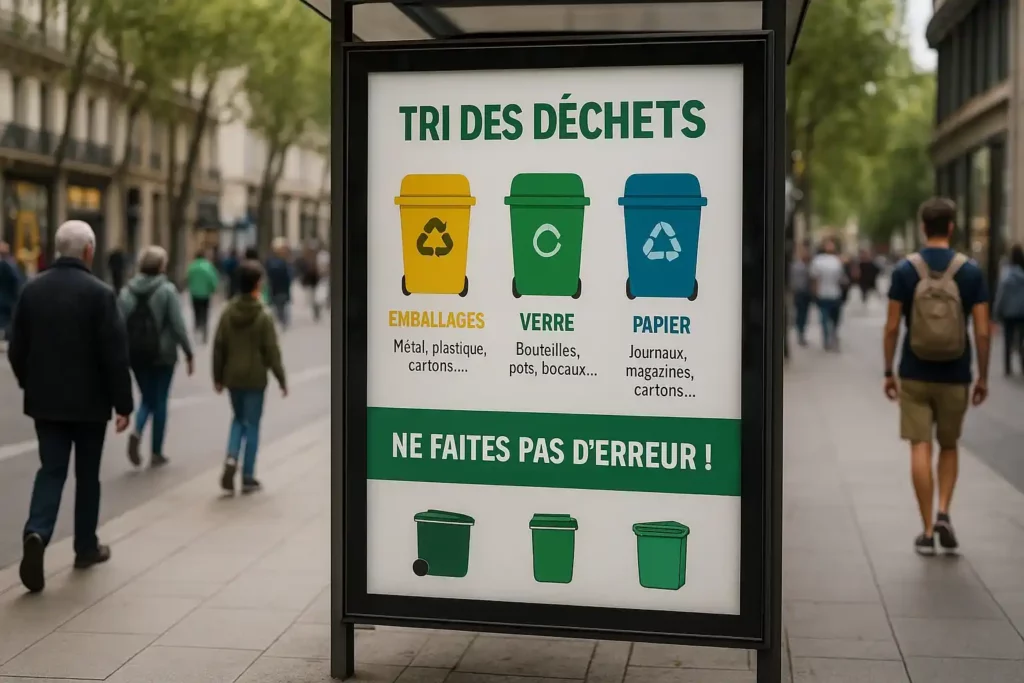 Panneau d’affichage urbain informant les passants sur le tri des déchets, appliquant des conseils pour sensibiliser au tri à grande échelle.