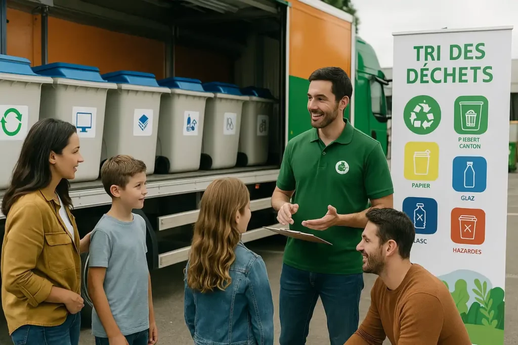 Famille recevant des conseils pour sensibiliser au tri lors d’une animation dans une déchèterie mobile, avec bacs et camions visibles.