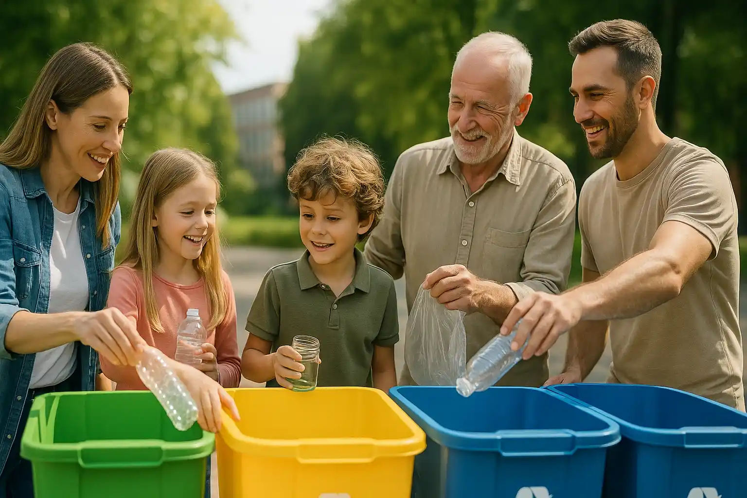Groupe intergénérationnel souriant en train de trier des déchets dans des bacs colorés en extérieur, illustrant des conseils pour sensibiliser au tri dans une ambiance conviviale.